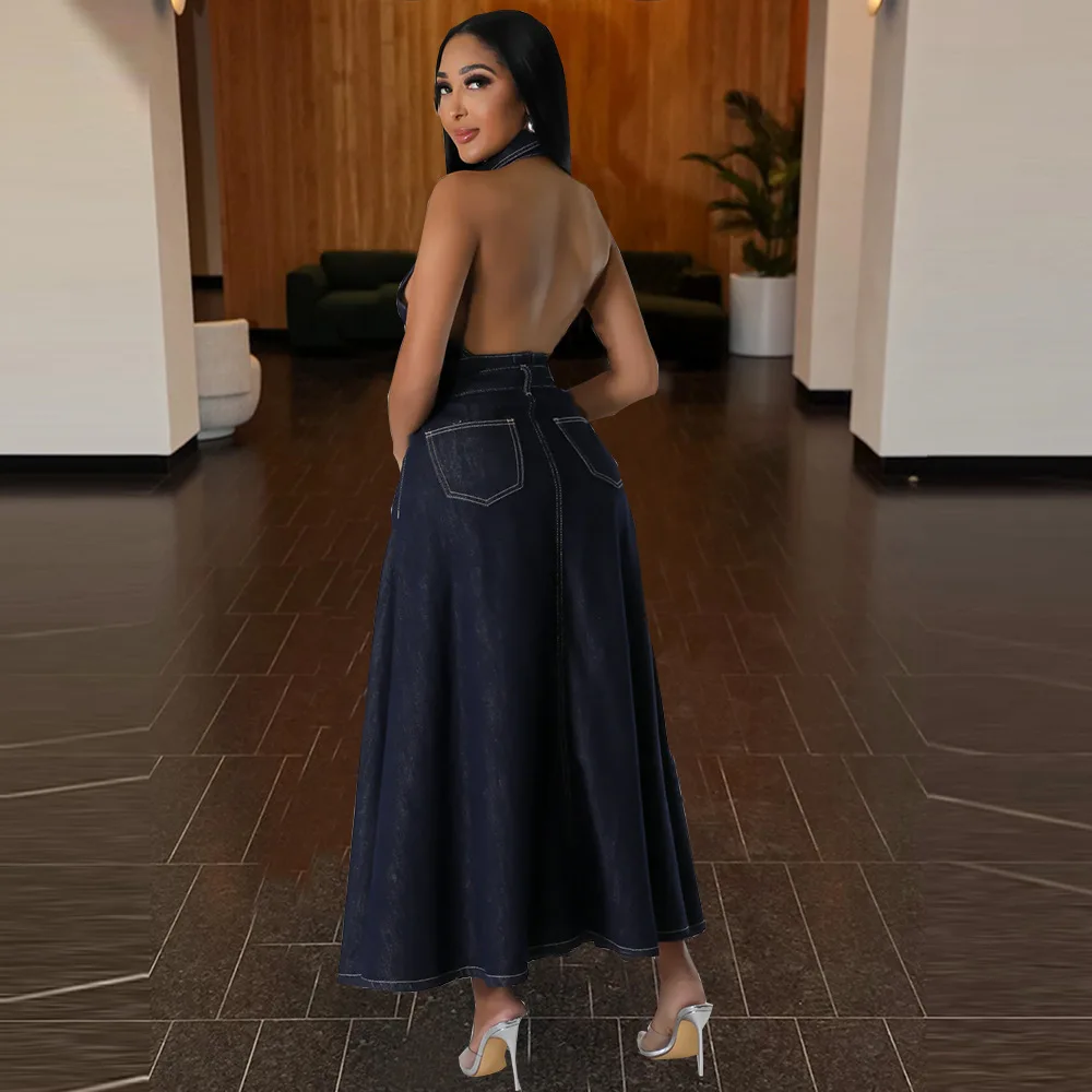 Women's Sexy Backless Matching Set Sleeveless Denim Button Turn Down Collar A-Line High Waist Skirt Summer Two Piece Set 2024