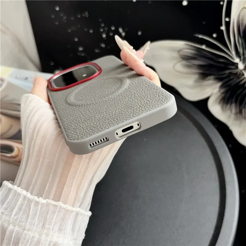 Luxury Magnetic Lychee Pattern PU Leather Non-Slip Case with Metal Camera Frame