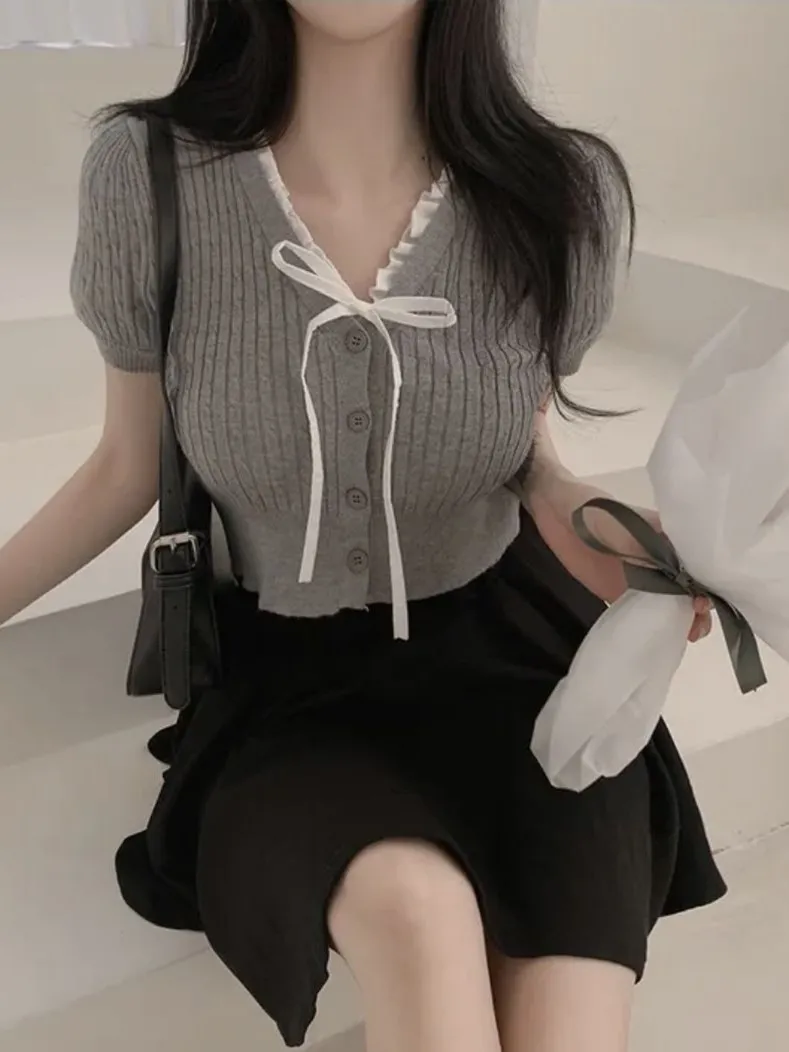 Chic Summer V-Ne ort Sve Knitwear Women's Slim Fit Ear Look Ties Top Commute Sle Regular Thin ort Length