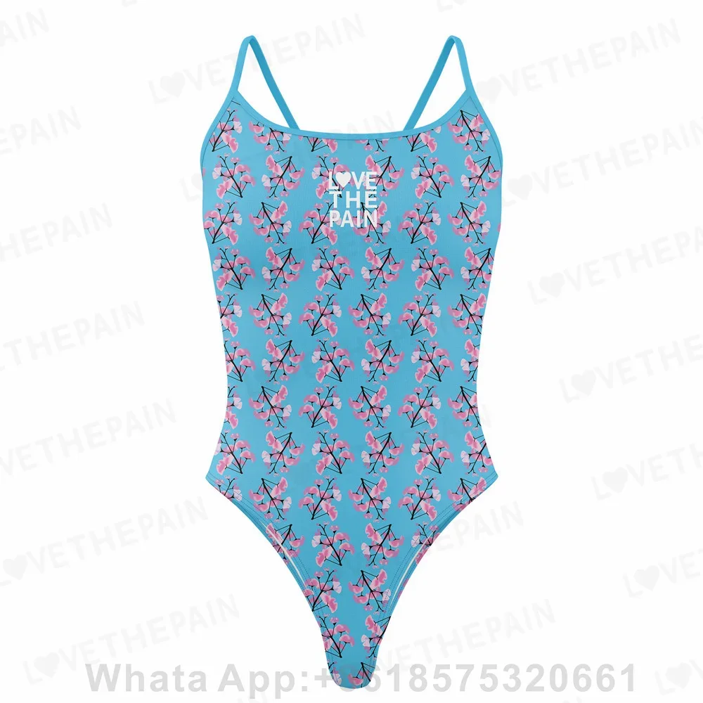 

Love The Pain Floral One Piece Swimsuit Thin Straps Versatile V-back Women's Swimwear Bikini Sexy Quick Dry Competitive Swimsuit