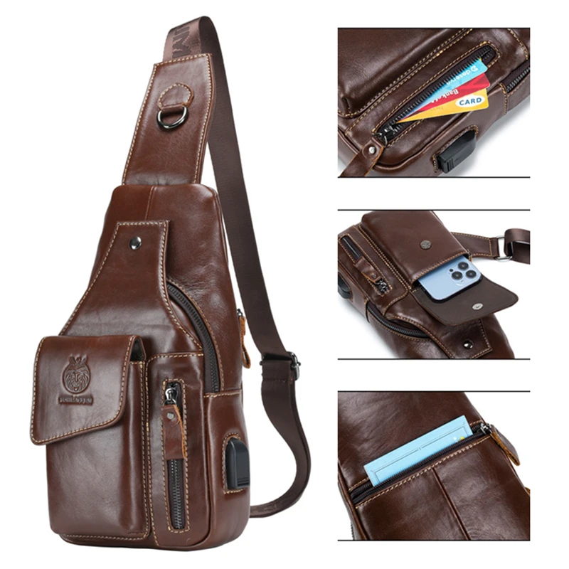 

SUUTOOP Men's USB Charging Shoulder Bag Top Layer Cowhide Cross body Chest Bag Waterproof Travel Messenger Pack For Male Female