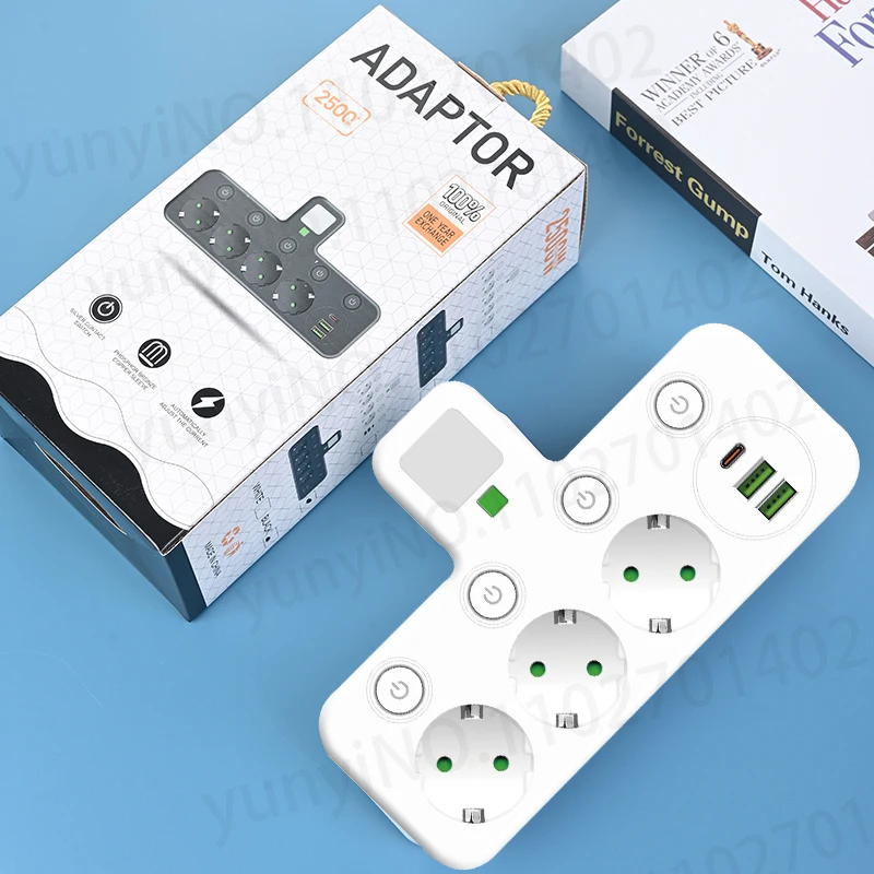 Wireless Wall Charger Socket with 3 AC Outlets +2 USB Ports+ 1 Type C 6-in-1 Plug Socket EU Plug Fast Charging power board 6