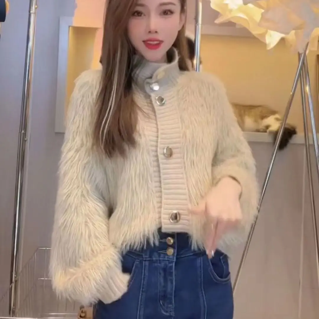 

2023 Fall and Winter New Women's High Collar Plush Sweater Jacket Casual Versatile Long Hair Splicing Knitted Cardigan Female