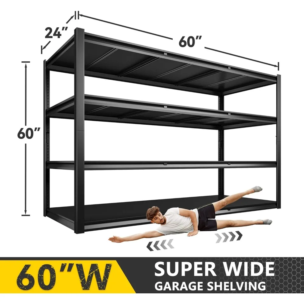 60" W Garage Shelving 2650LBS Heavy Duty Storage Shelves Adjustable 4 Tier Metal Shelves 60" W x 24" D x H