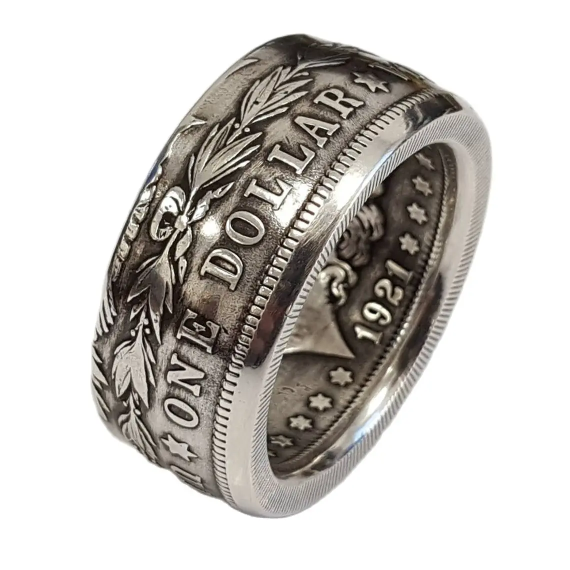 Vintage Punk American National Emblem Motto Is One Dollar Coin Ring Thai SilveryPlated Finger Ring Women Punk Jewelry