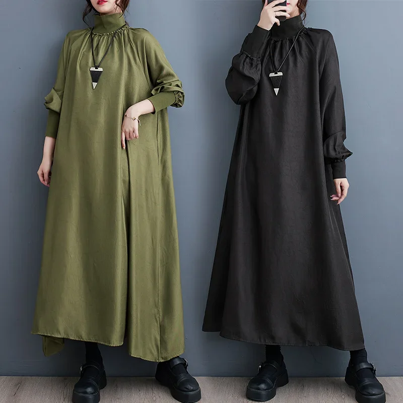 

Women's Vintage Side Pockets Turtleneck Long Sleeve Loose A-Line Dress, Ladies Ankle-Length Maxi Dresses, Green Black
