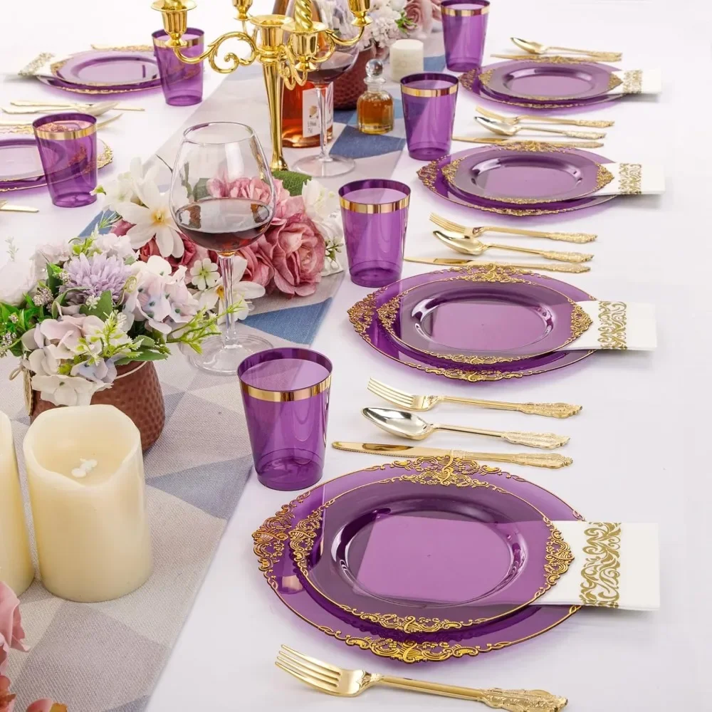 350PCS Purple Plastic Plates Purple Plastic Dinnerware Sets for 50 Guests 100 Disposable Plates 150 Gold
