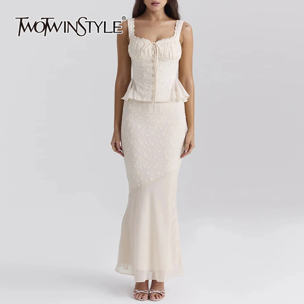 TWOTWINSTYLE Sexy Spliced Zipper Two Piece Set For Women Square Collar Tank Top High Waist Skirt Slimming Sets Female KSE508044