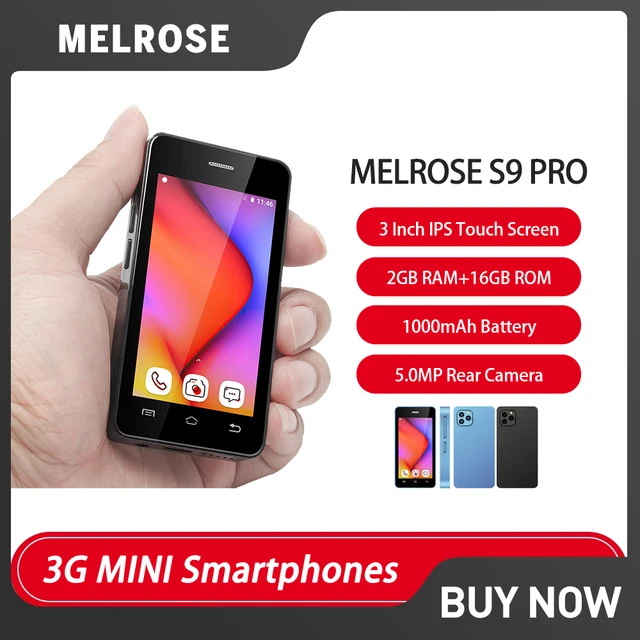 هاتف Melrose S9 Pro Super Mini مقاس 3 بوصات فائق النحافة رباعي النواة 2 جيجابايت + 16 جيجابايت هاتف محمول 5 ميجابكسل 1000 مللي أمبير في الساعة 3G هاتف ذكي صغير مدمج يعمل بنظام أندرويد 1