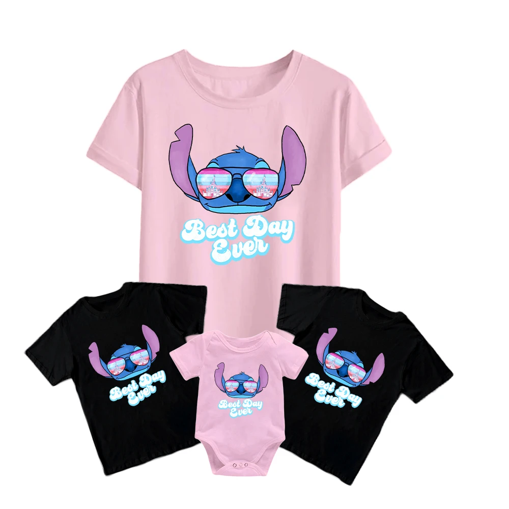 

Cute Stitch with Sunglasses Disney T-Shirt New Kids Short Sleeve Baby Romper Cool Casual Unisex Adult Family Matching Outfit