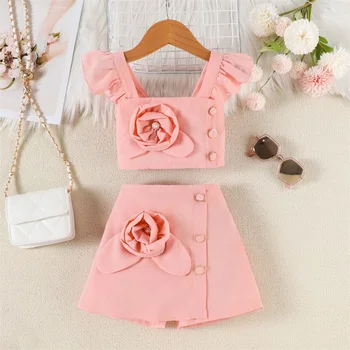 Adorable Baby Girl Summer Ensemble Flutter Sleeve Square Neck Top with 3D Floral Detailing and Matching A-Line Skirt - 2 Piece 1