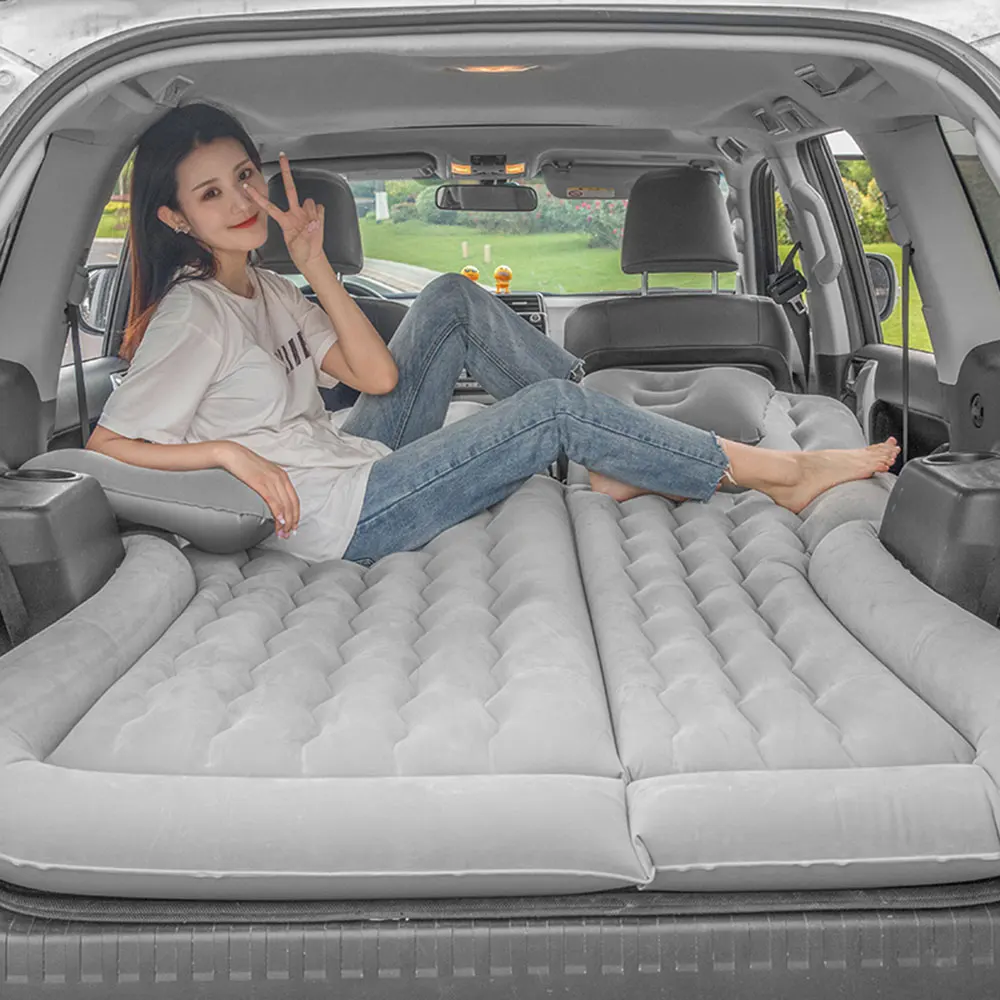 Car Air Mattress SUV Truck Bed Air Mattress with Pump Pillow Storage Bag Inflatable Flocking for Camping Travel Gray