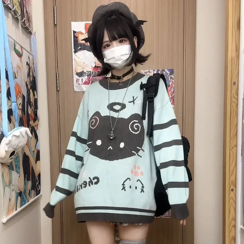 Y2k Striped Kawaii Women Sweaters Cartoon Embroidery Harajuku Japanese Fashion Knit Pullovers Loose Cute Winter 4