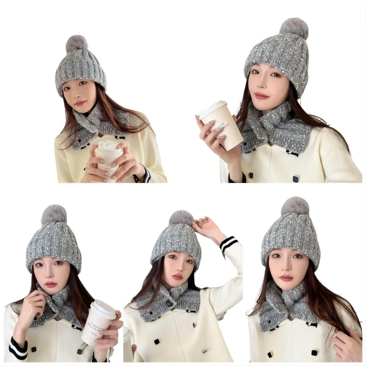 2PCS Set Winter Knitted Hat Snood Collar Two-piece Set Women Warm Scarf Three-piece for Men Beanies Skullies With Pompon