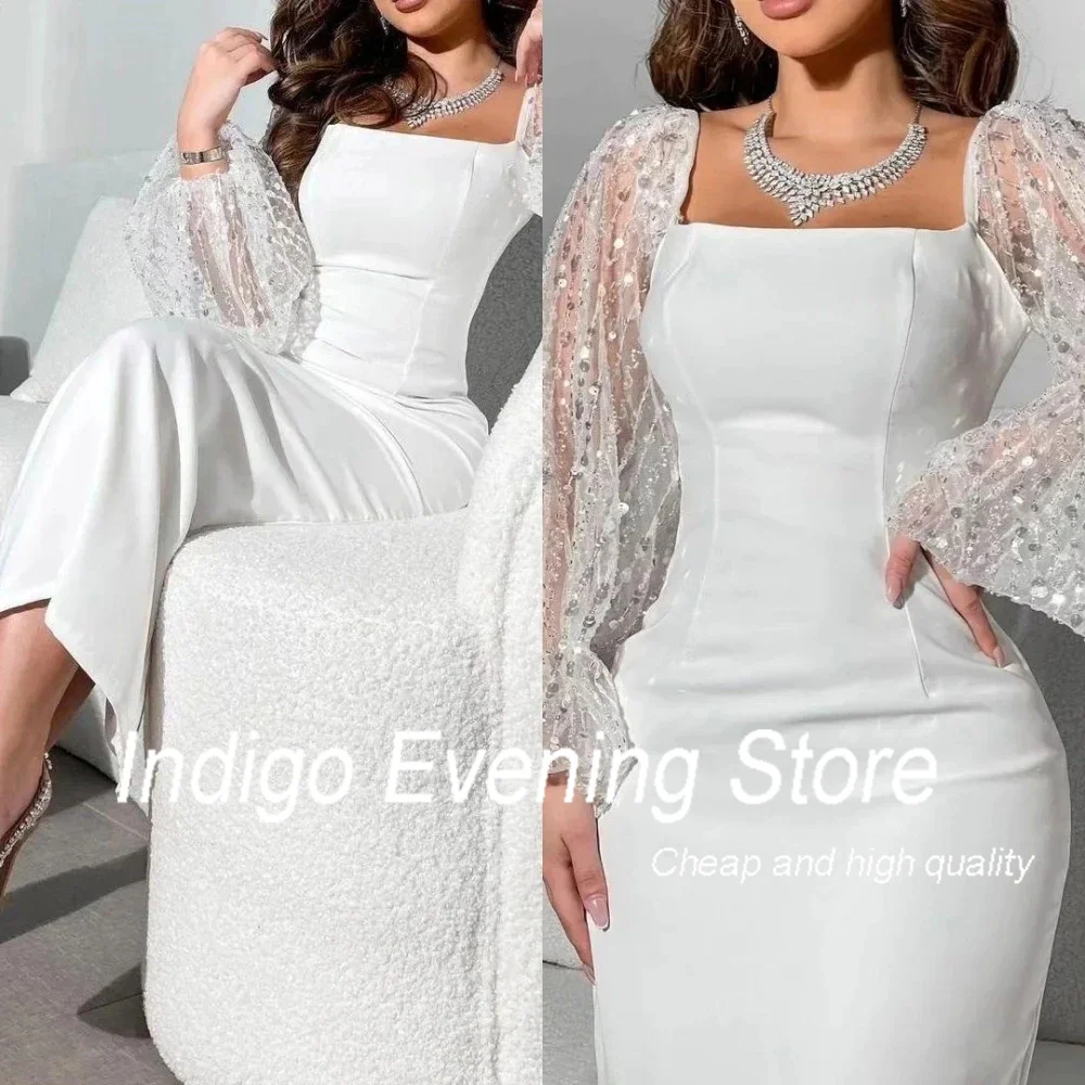 

Indigo Evening Dress Square Neck Full Sleeves Beads Formal Party Dress For Women 2024 vestidos de gala mujer فساتين سهره