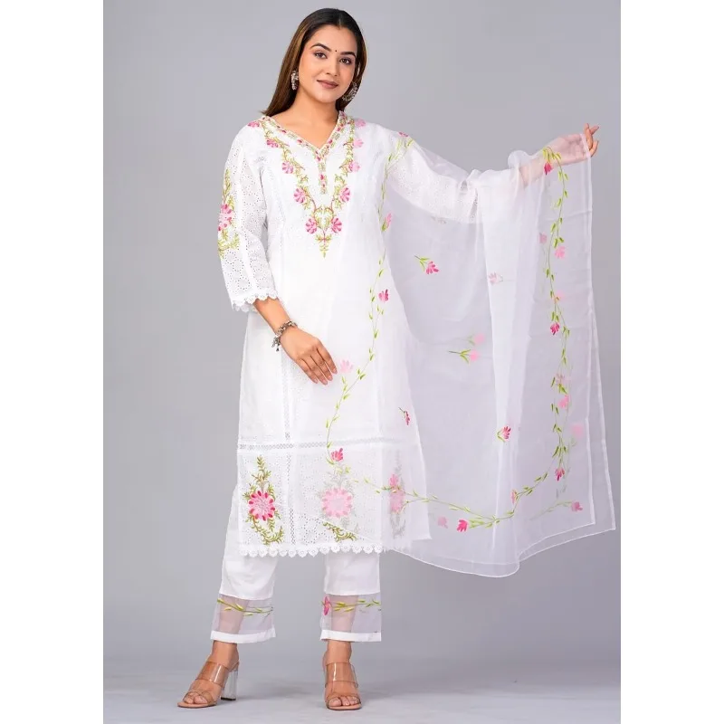 Cotton Fabric Salwar Kameez Dupatta Indian Handmade White Color Kurta Palazzo