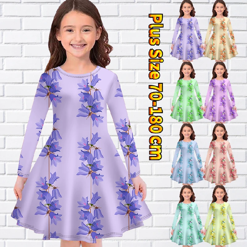 

Floral Print Long Sleeve Skirt Dress Round Collar Princess Dress Fashion Midi Skirt Autumn Winter Little Girl Knee-length Skirt