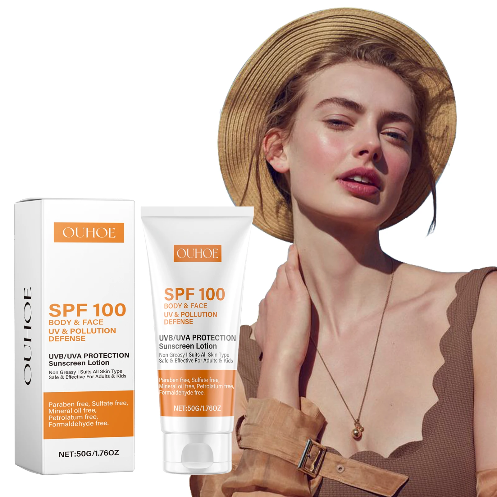 Protector solar facial y corporal SPF100 con aislamiento, protección UVA/UVB, textura ligera, no grasa e hidratante._voghion.com