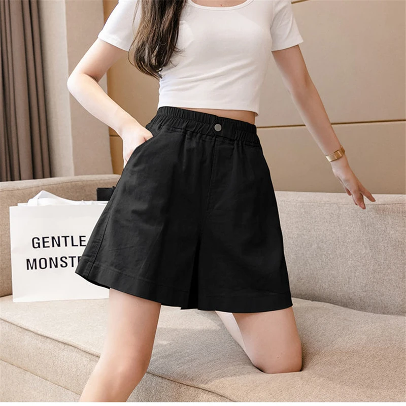 2023 Women Summer Casual Streetwear High Waist Cotton Wide Leg Shorts Korean Fashion Solid Loose Short Pants Female Pantalones