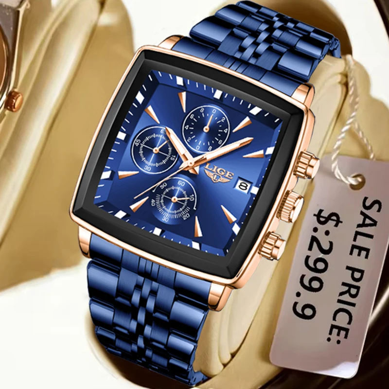 LIGE Waterproof Watch For Men Casual Sports Luminous Men's Quartz Wristwatches Stainless Steel Square Chronograph Reloj Hombre