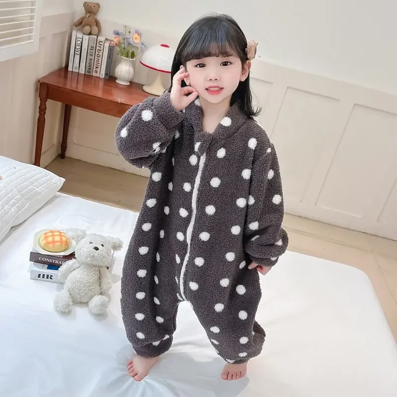Girls' Jumpsuit Winter Coral Fleece Sleeping Bag New Girls' and Children's Flannel Home Clothes for Boys Polka Dot Rompers