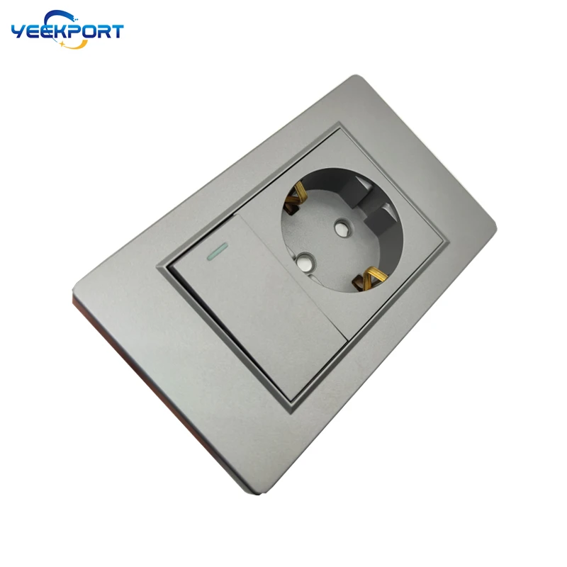 Description Picture 4 of item118mm EU Household German Standard Grey PC flame retardant panel 16A 2-hole Power Plug Wall Socket with Switch Combination
