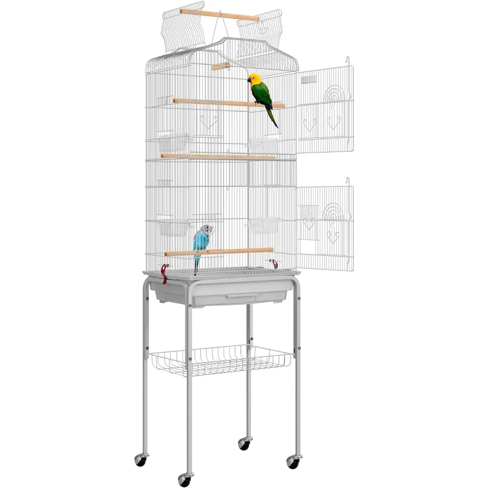 

59.8 Inch Wrought Iron Bird Cage with Play Top and Rolling Stand for Parrots Conures Lovebird Cockatiel Parakeets Gray