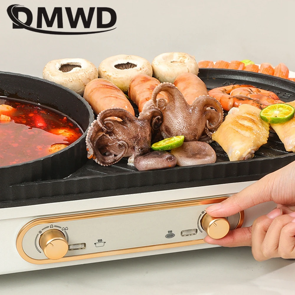 DMWD Household Electric Grill Double-flavor Hotpot Stew Pot Baking Machine Dual use Barbecue Maker BBQ Tool Smokeless 220V