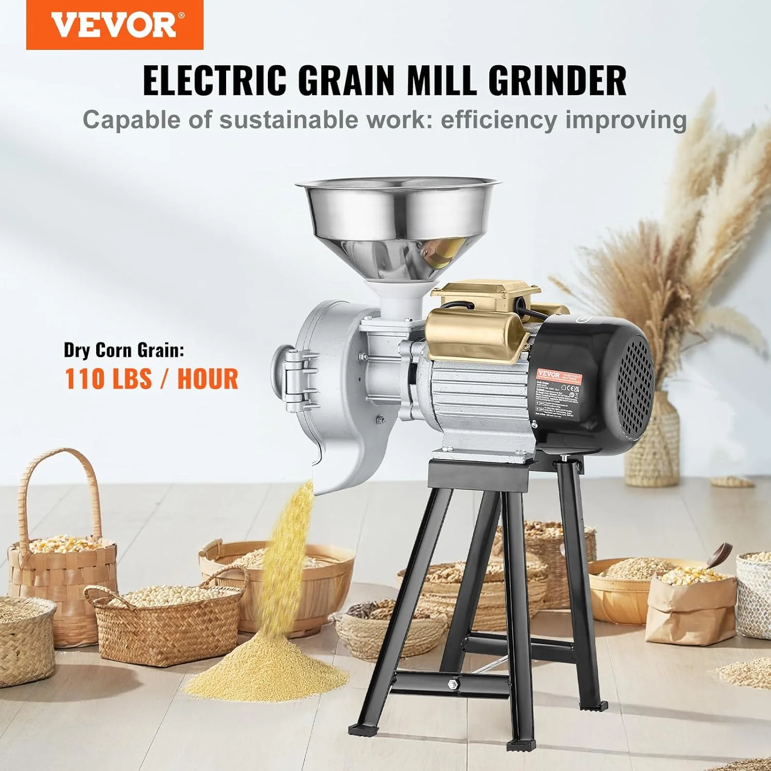 Electric Grain Mill Grinder, 3000W Spice Grinders, Commercial Corn Mill with Funnel, Thickness Adjustable Powder Machine