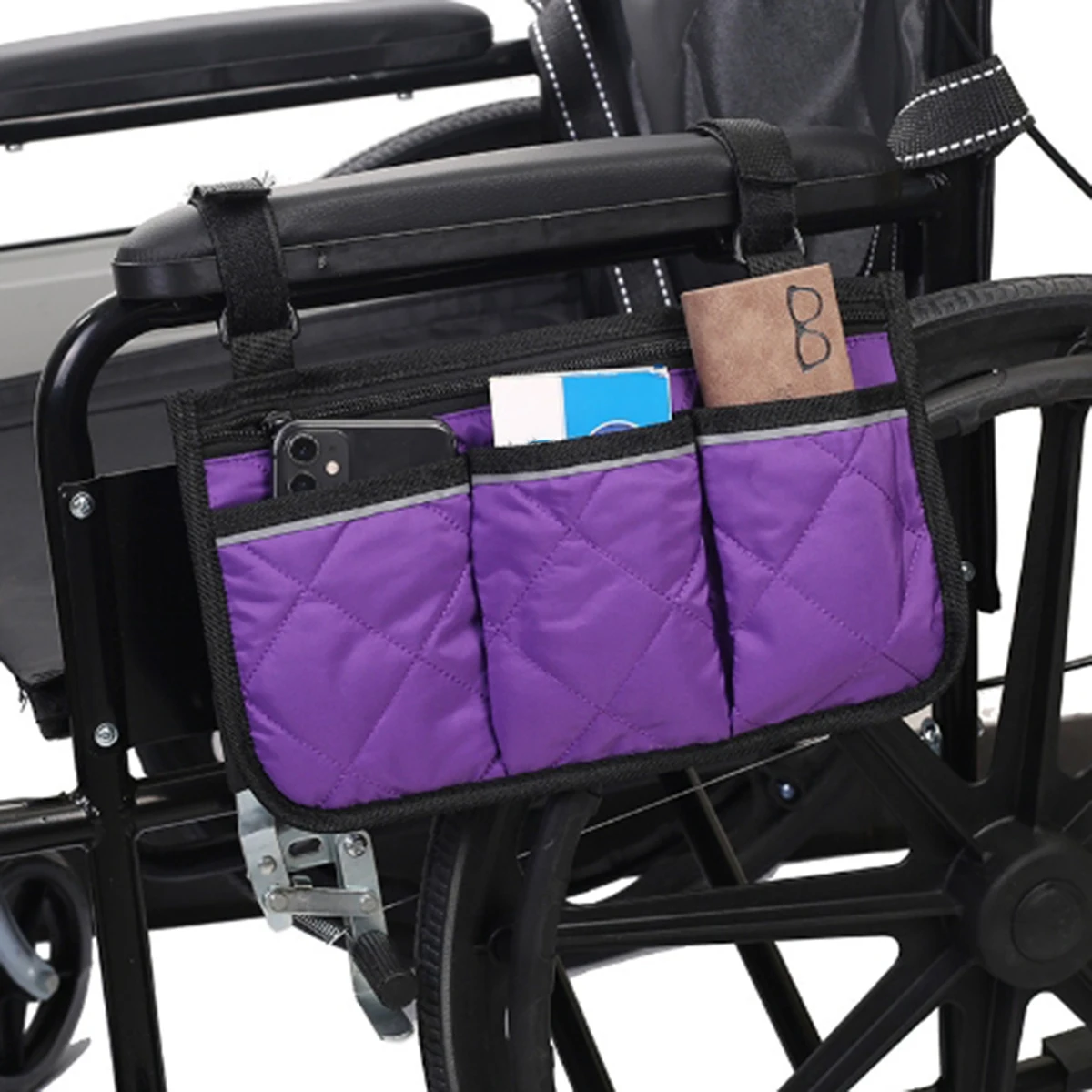 Rollstuhl-Seitenarmlehnen-Tasche mit Reflektorstreifen, Tragbare Klettverschluss-Aufbewahrungs- und Hängetasche aus Polyester – Detail 11