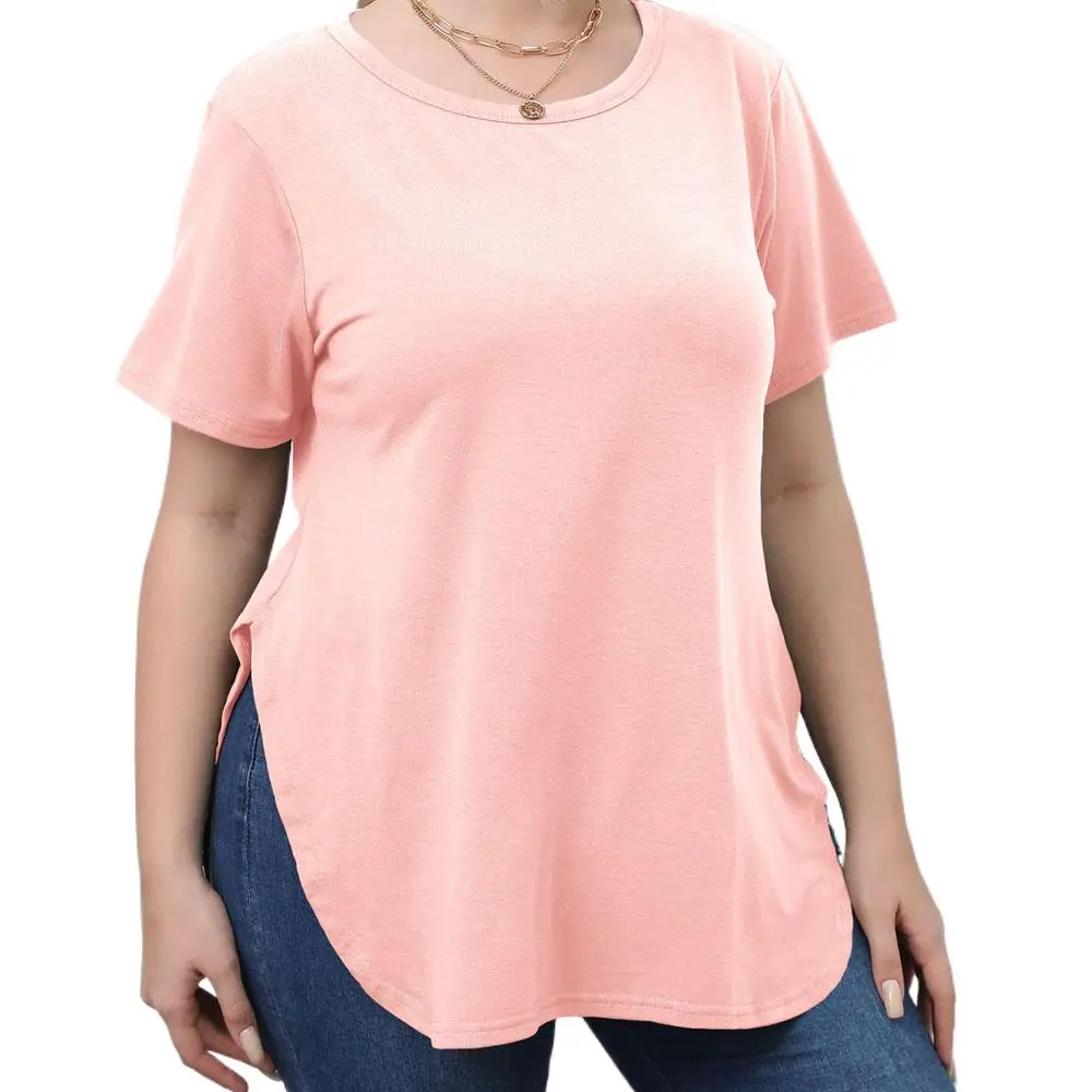 Pink Black Round Collar Short Sleeve Loose Tshirt for Women