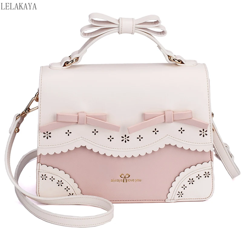 KawaiiBowknotShoulderBagsPULeatherJKTotesBagSweetLolita