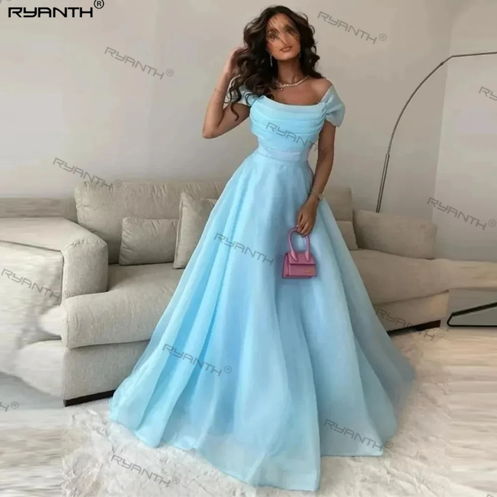 

Ryanth Sky Blue Prom Dressess Organza Strapless Puffy Evening Dress Custom Simple A-line Pleat Saudi Arabia 2024