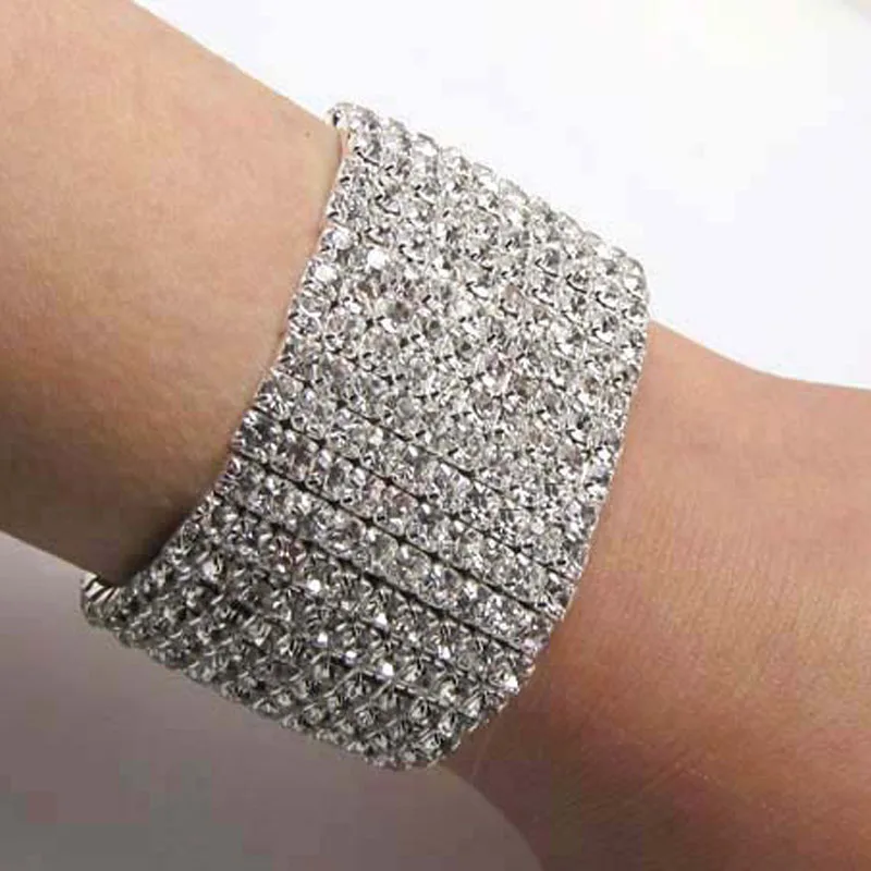 Bangle Bracelet Diamante Rhinestone Elastic Stretch Wristband Brazaletes Pulseras Mujer Pulseira Feminina Bangles 10 Rows