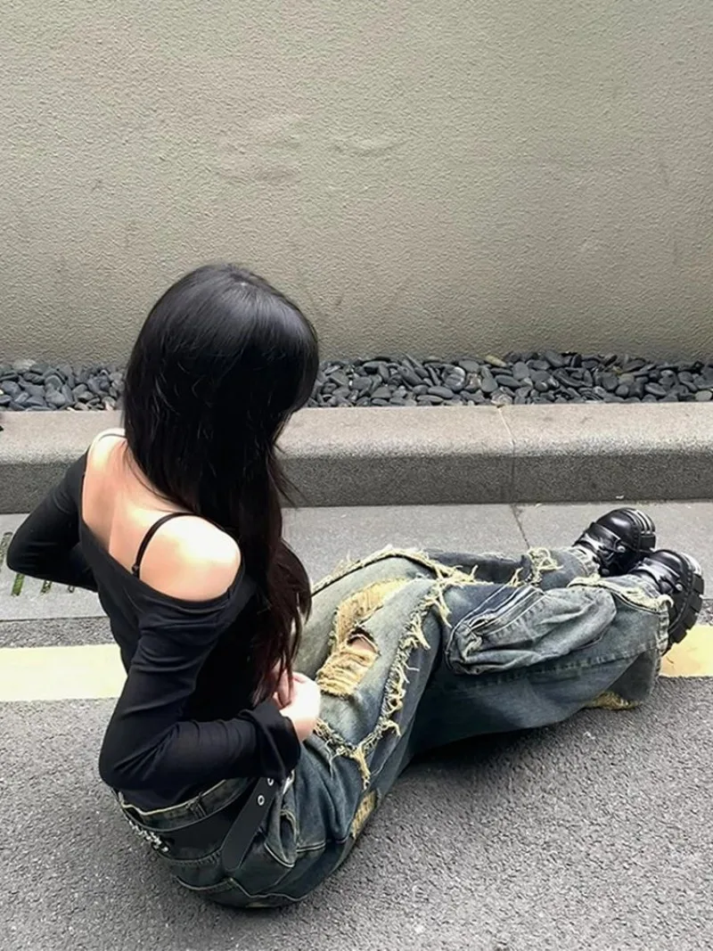 Y2K High Street Ripped Tassel Washed Baggy Jeans Woman Retro Street Hip-hop Loose Old Fashion Casual High Waist Wide Leg Jeans 5