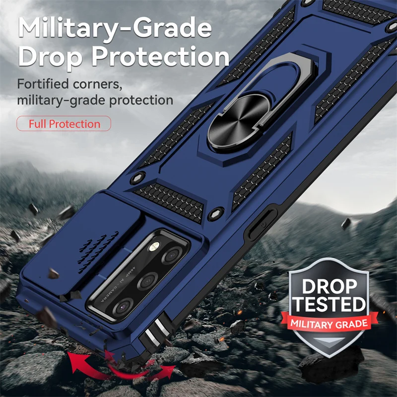 Shockproof Armor Case with Slide Camera Lens Protector and Magnetic Holder Ring Back Cover