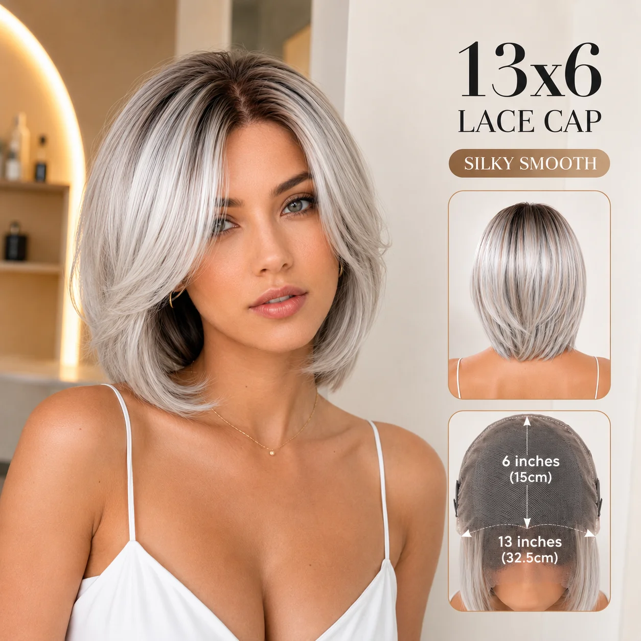 Parrucca Bob 13x6 con pizzo frontale, biondo cenere argento, corta a strati, con parte laterale, pre-piumata, linea naturale dei capelli, sintetica effetto seta per donna