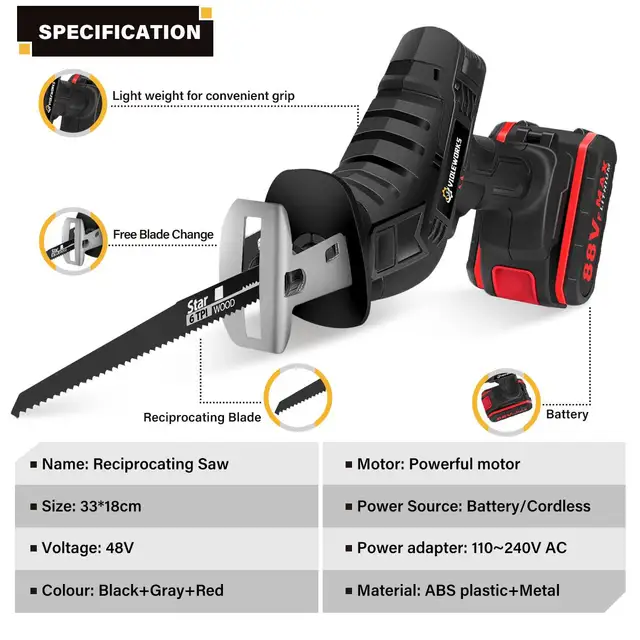Cordless Reciprocating Saw with 4 Blades 3000rpm/min Rechargeable Electric Cutting Saber Saw Wood Metal Pipe Cutting Power Tools 3