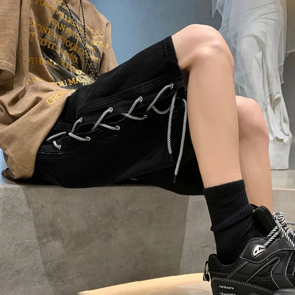 Summer New Webbing Denim Shorts Men's Niche Loose Trendy Brand Retro Jeans Thin Casual Five-Point Pants Y2K Streetwear Fashionab