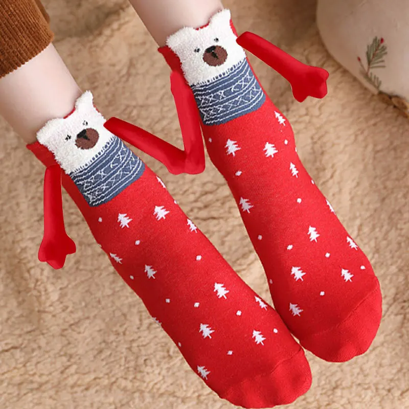 12PCS Christmas socks fall and winter cotton magnet hand-holding socks mid-calf socks cute couple socks cartoon Christmas socks