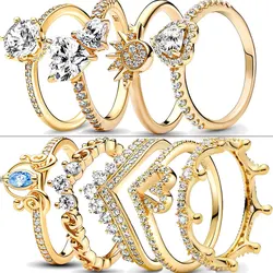 Hot 18K Gold Plated 925 Silver Ring Zircon Sparkling Princess Double Band Heart Ring Women Original Pandor Ring Fine Jewelry