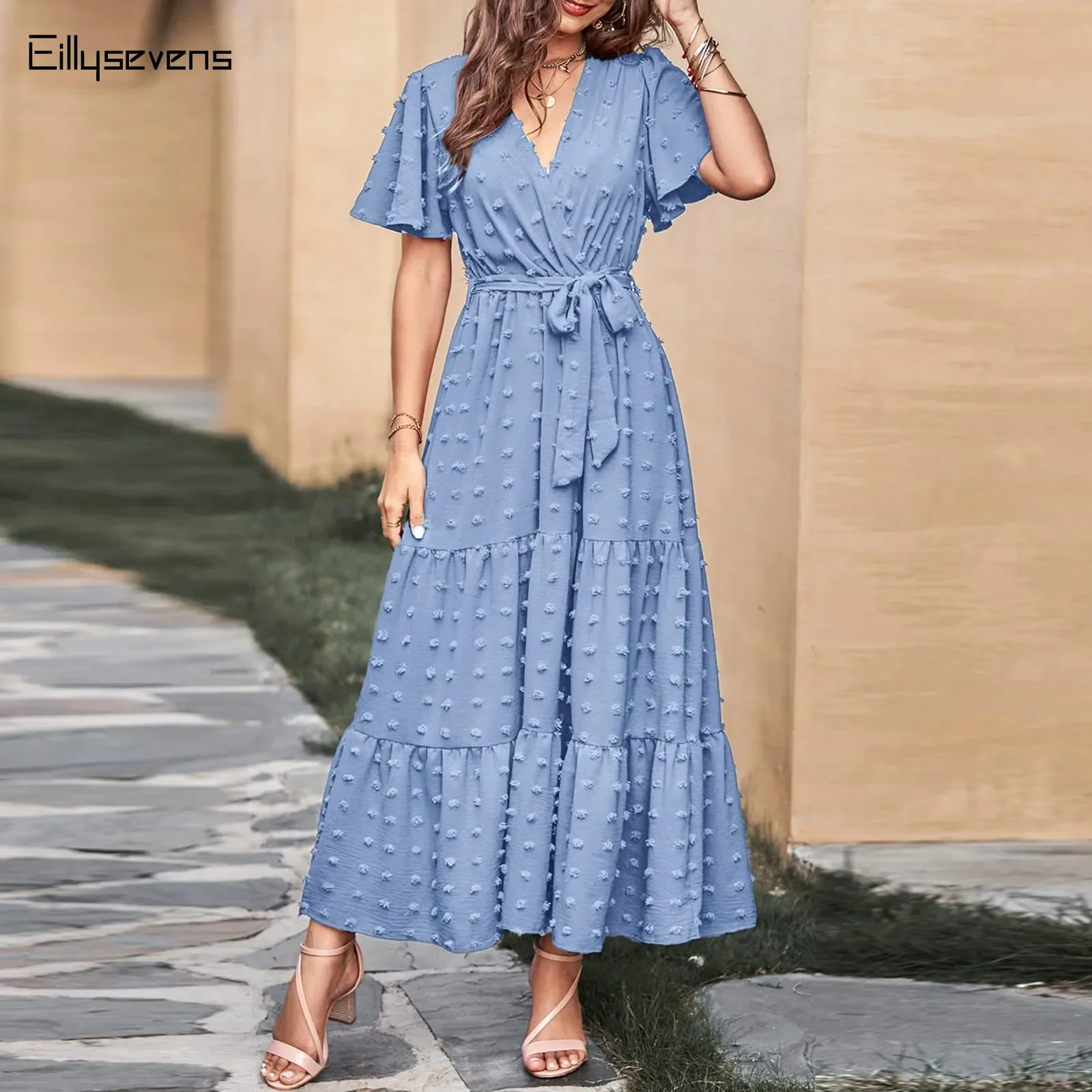 

Women Maxi Dresses Casual 2024 Pom-pom Dot Summer Party Dresses V-neck Belt Ruffles Dress Women Clothes Sold Vestidos