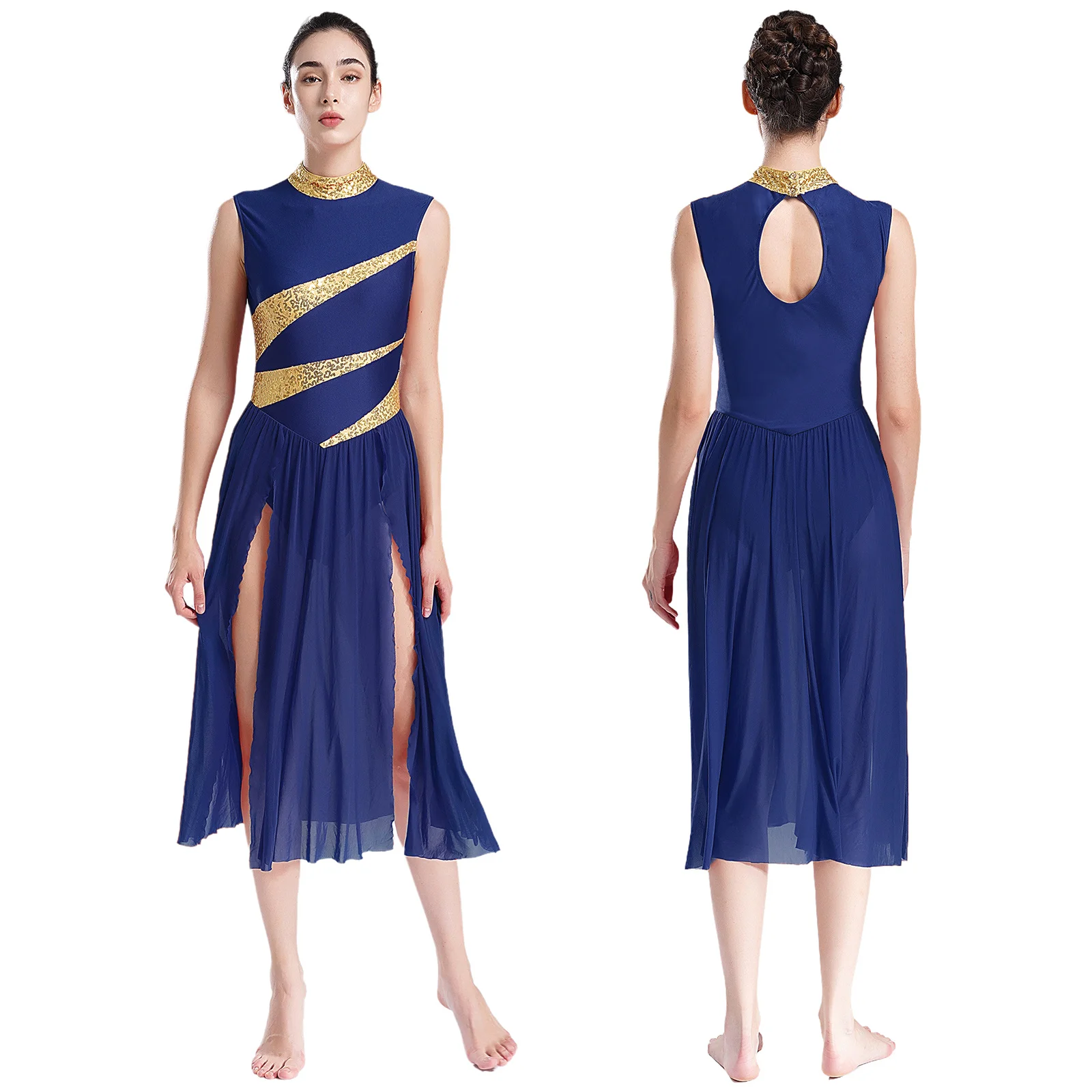 thumbnail image 1 of Vestido de baile lírico de Ballet con lentejuelas brillantes para mujer, leotardo dividido de malla de tul, disfraz de baile litúrgico de Iglesia, 1 of 5