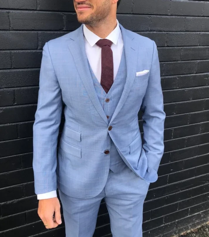 Summer Linen Sky Blue Smart Casual Men Suit  Business Slim Fit Blazer High Quality Groom Tuxedo Custom 3 Piece Set Costume Homme