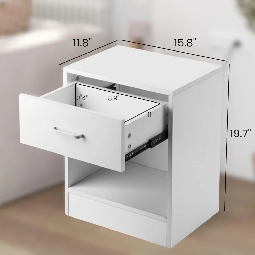 Nightstands Set  with Drawer for Bedroom, Wood Night Stand Set with Open Shelf, Modern Nightstand 3
