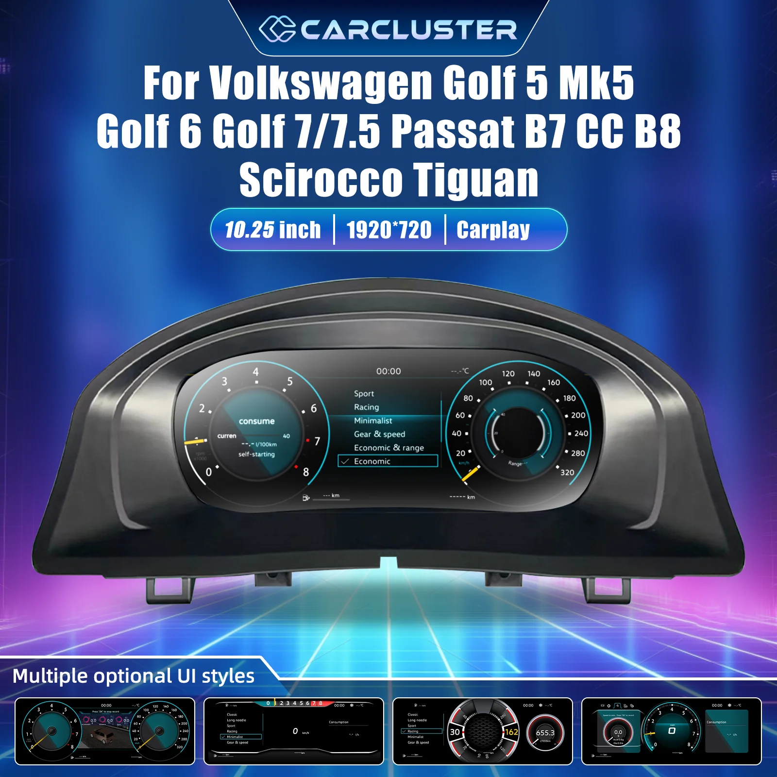 Panel de Instrumentos Digital LCD Linux 1920*720P para Volkswagen Scirocco, Tiguan, Seat León, Polo, Passat B6, B7, CC, B8, Golf 5, Golf 6, Golf 7/7.5, MK5, MK6, MK7, Cabina Virtual, Carplay Inalámbrico, Android Auto, GPS, Navegación, Velocímetro, Monitor, Reemplazo de Panel 1