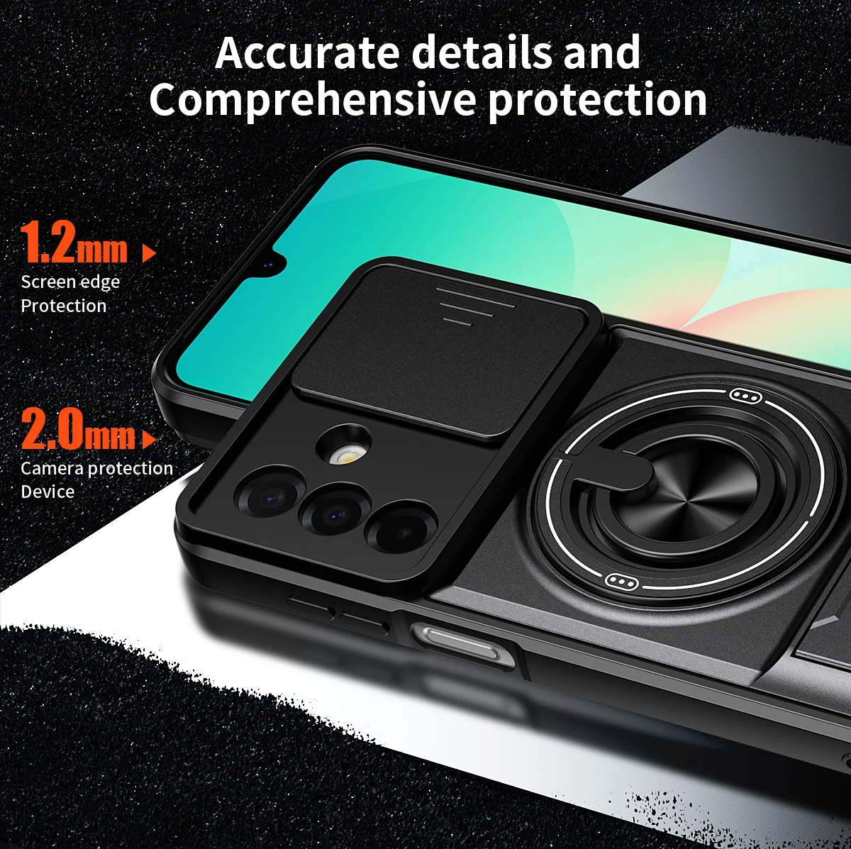 Shockproof Armor Case with Slide Lens Protector and Ring Holder