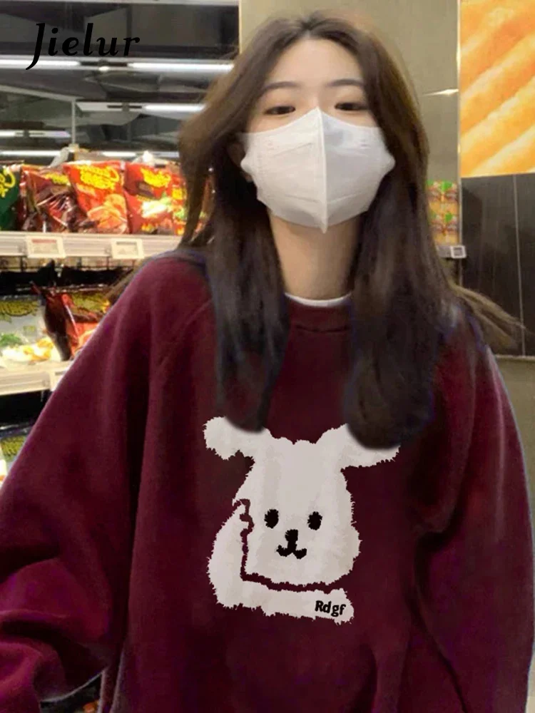 

Korean Black Burgundy Hoodies Women Warm Flce Cute Rabbit Sweatshirt Girls O-neck Kawaii Top Female Hoodie M-XXL