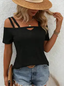 Women's T-shirt Spring Summer Black Cold Shoulder Double Strap Cutout Neck Short Sleeve Valentine's Day Casual Sexy Daily Top 1