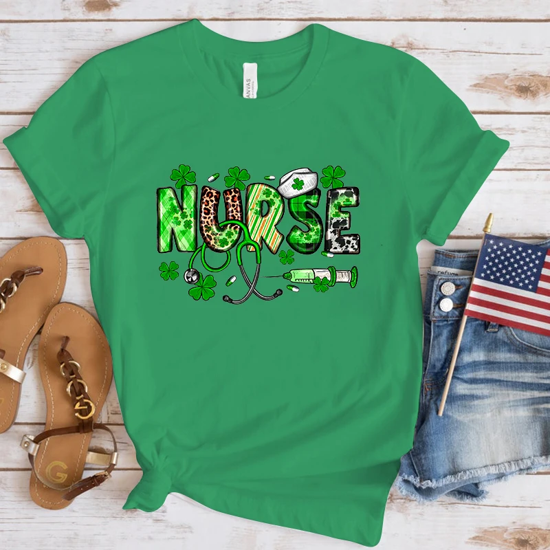 Funny St. Patrick'S Day Nurse Print T-Shirt Summer Casual Graphic T Shirt Women Men Short Sleeve Round Neck Shirts